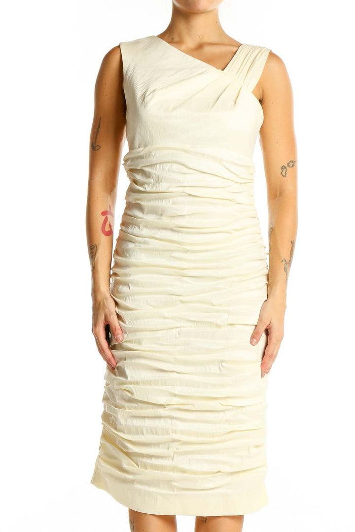 Front view of cream Calvin Klein ruched midi dress with asymmetrical neckline