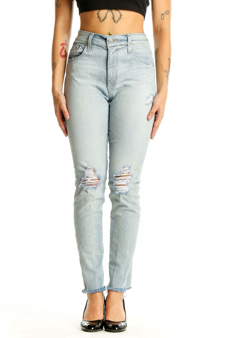 Front view of AG-ED DENIM light blue distressed high-rise slim jeans