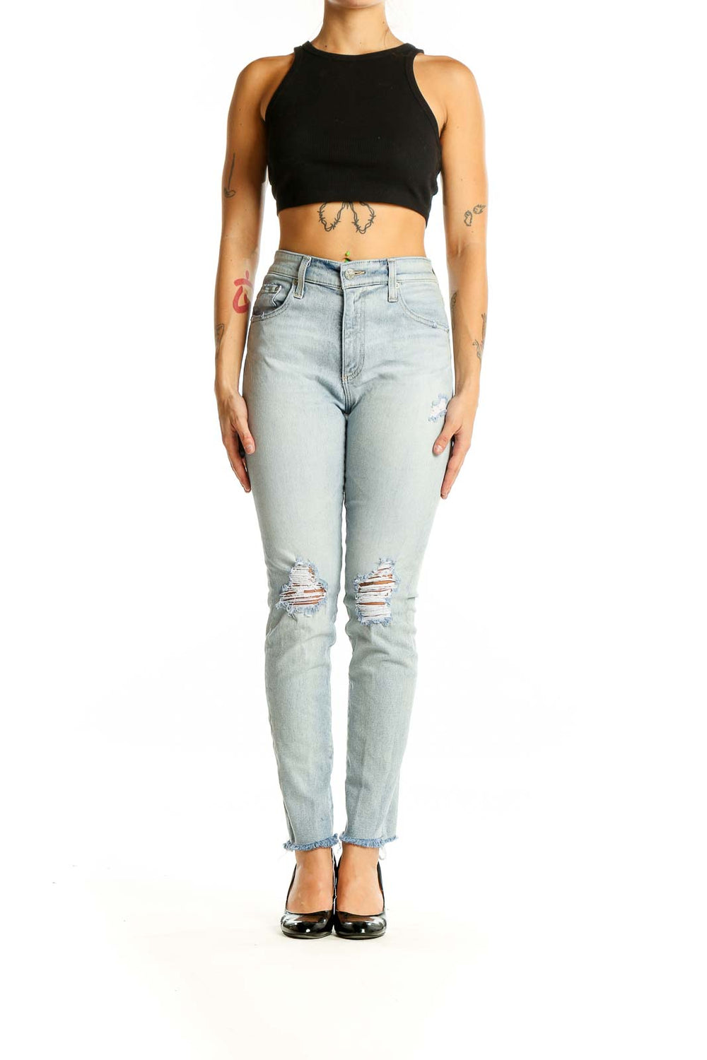 Front view of AG-ED DENIM light blue distressed high-rise slim jeans