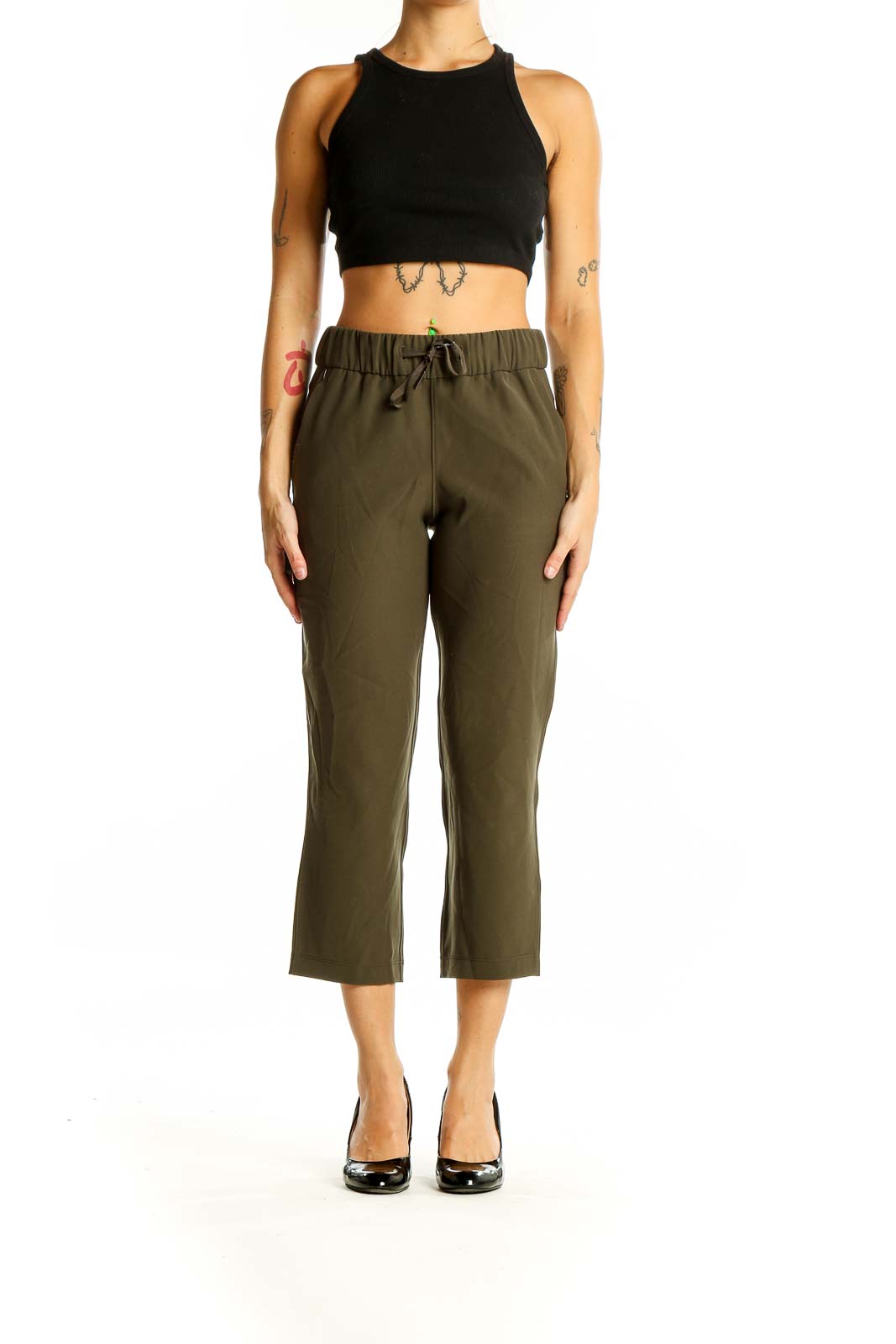 Front view of olive green Lululemon cropped activewear pants with elastic waistband