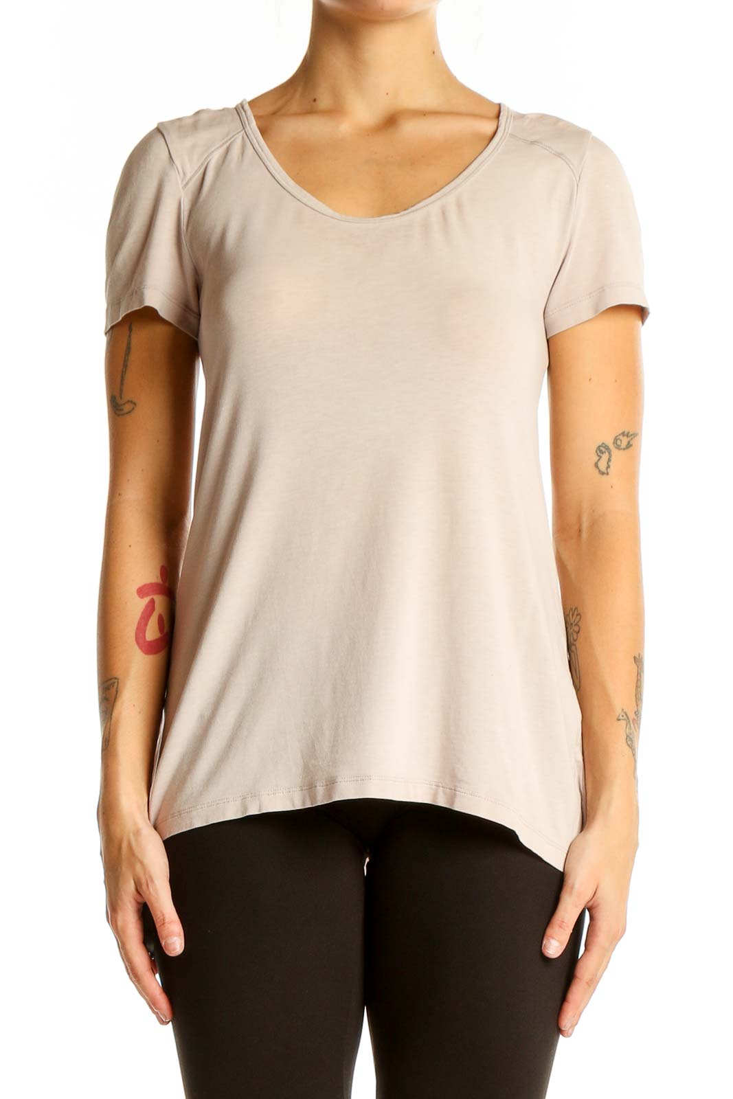 Front view of LOLE beige short sleeve top with scoop neckline