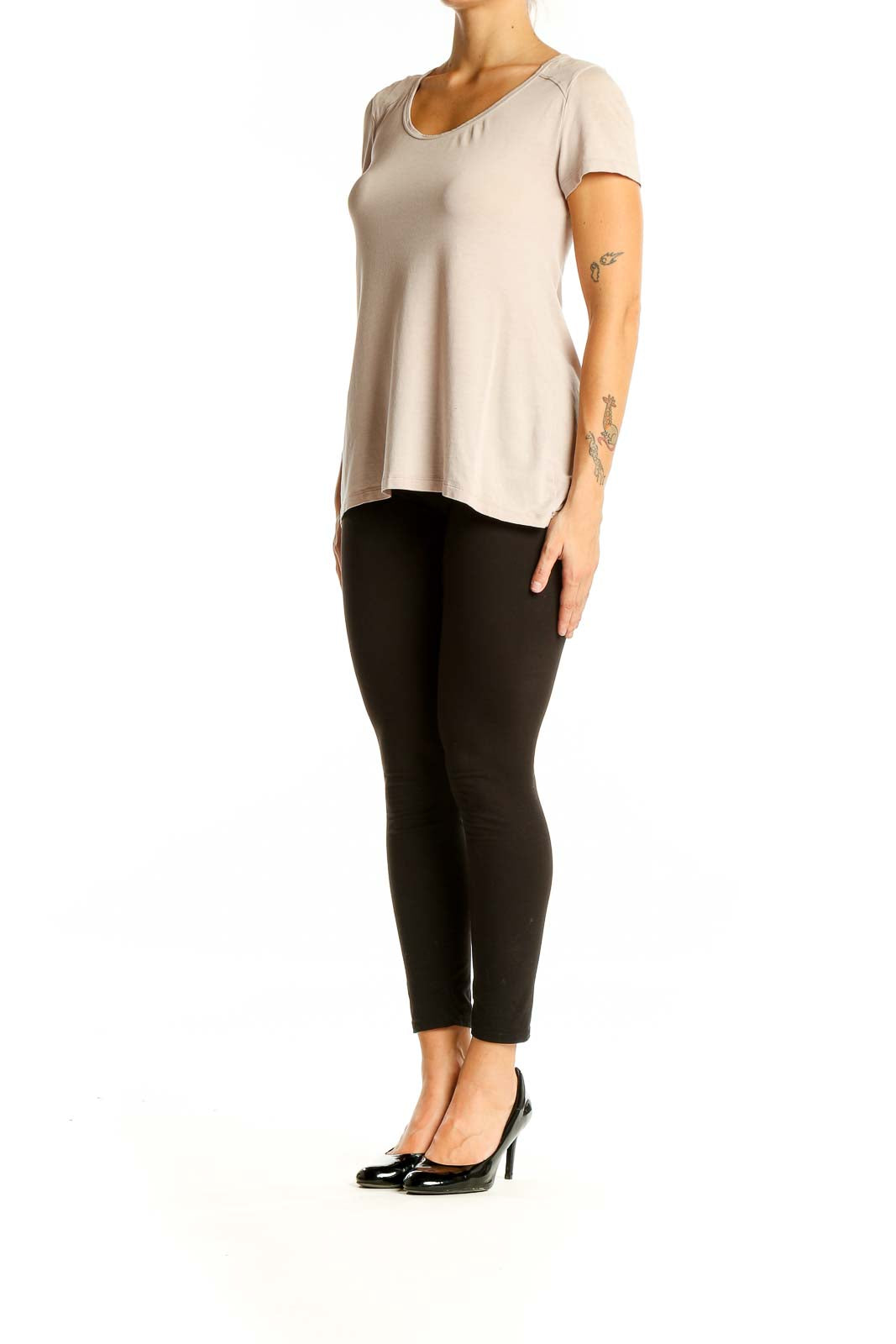 Front view of LOLE beige short sleeve top with scoop neckline