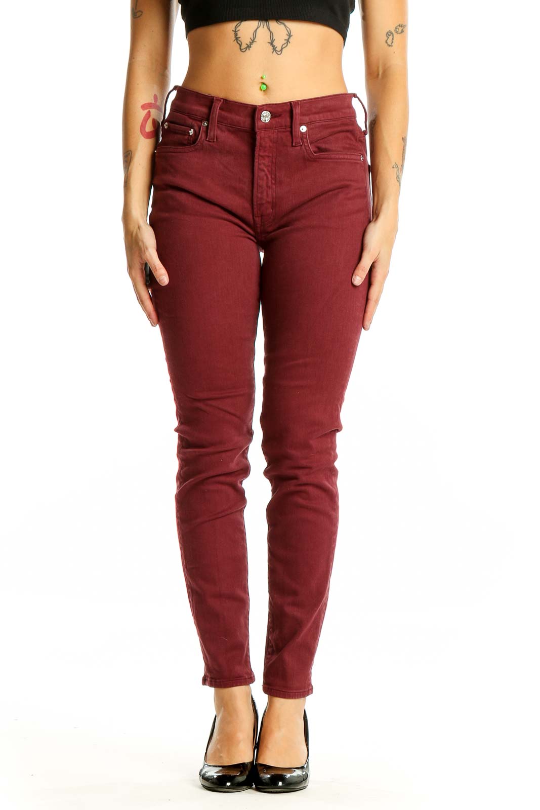 Front view of Edwin burgundy slim fit jeans on model