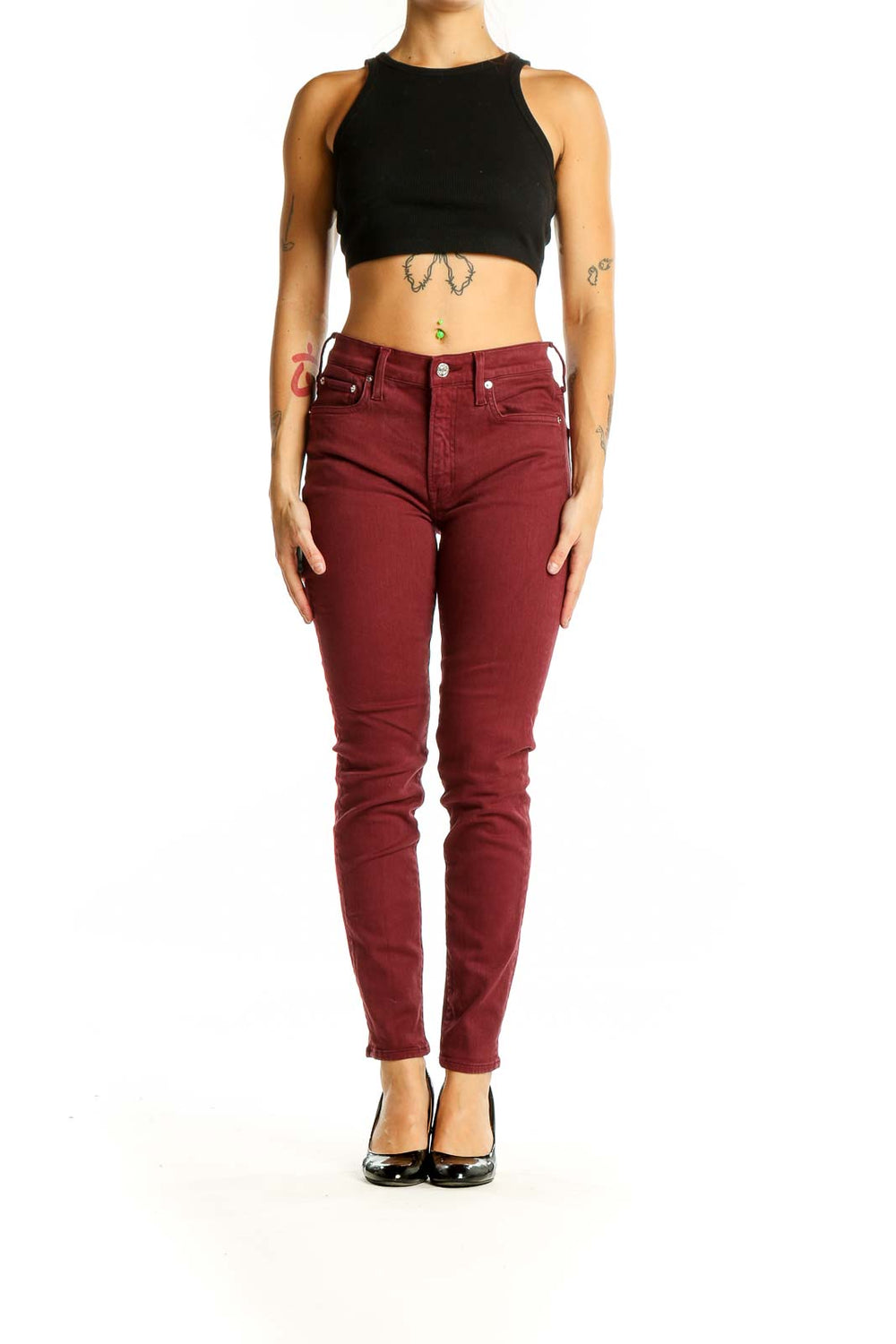 Front view of Edwin burgundy slim fit jeans on model