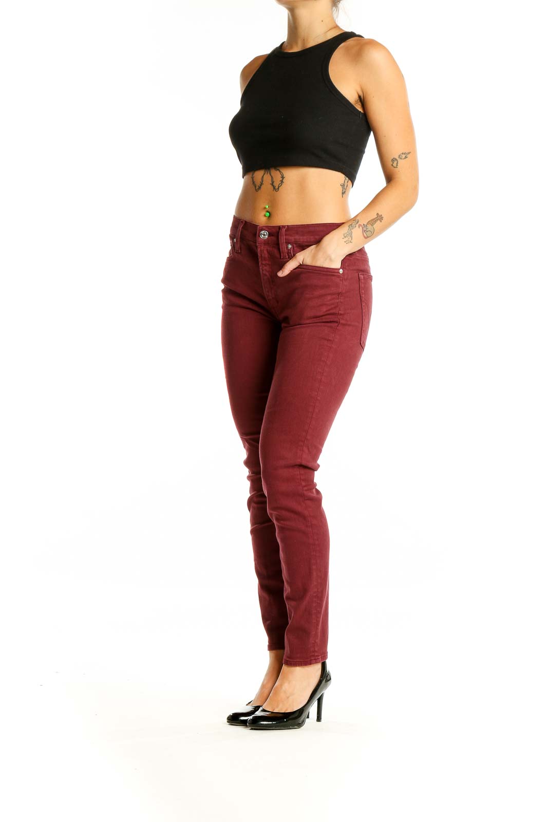 Front view of Edwin burgundy slim fit jeans on model