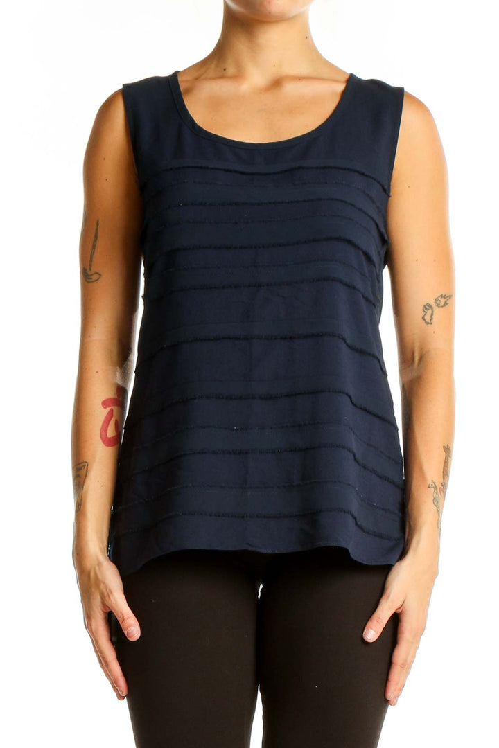 Front view of Miilla navy sleeveless blouse with layered design