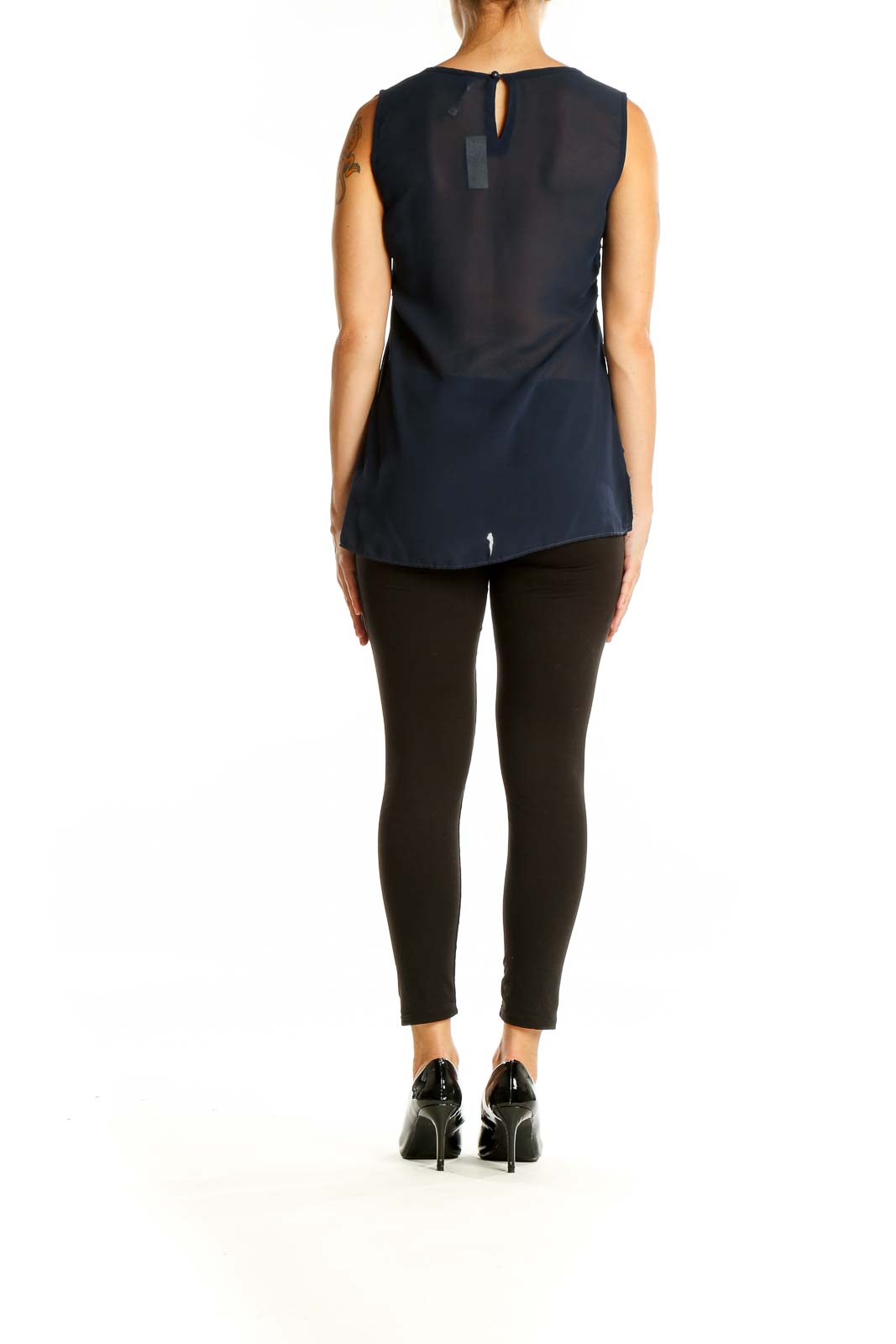 Back view of Miilla navy sleeveless blouse showing keyhole detail