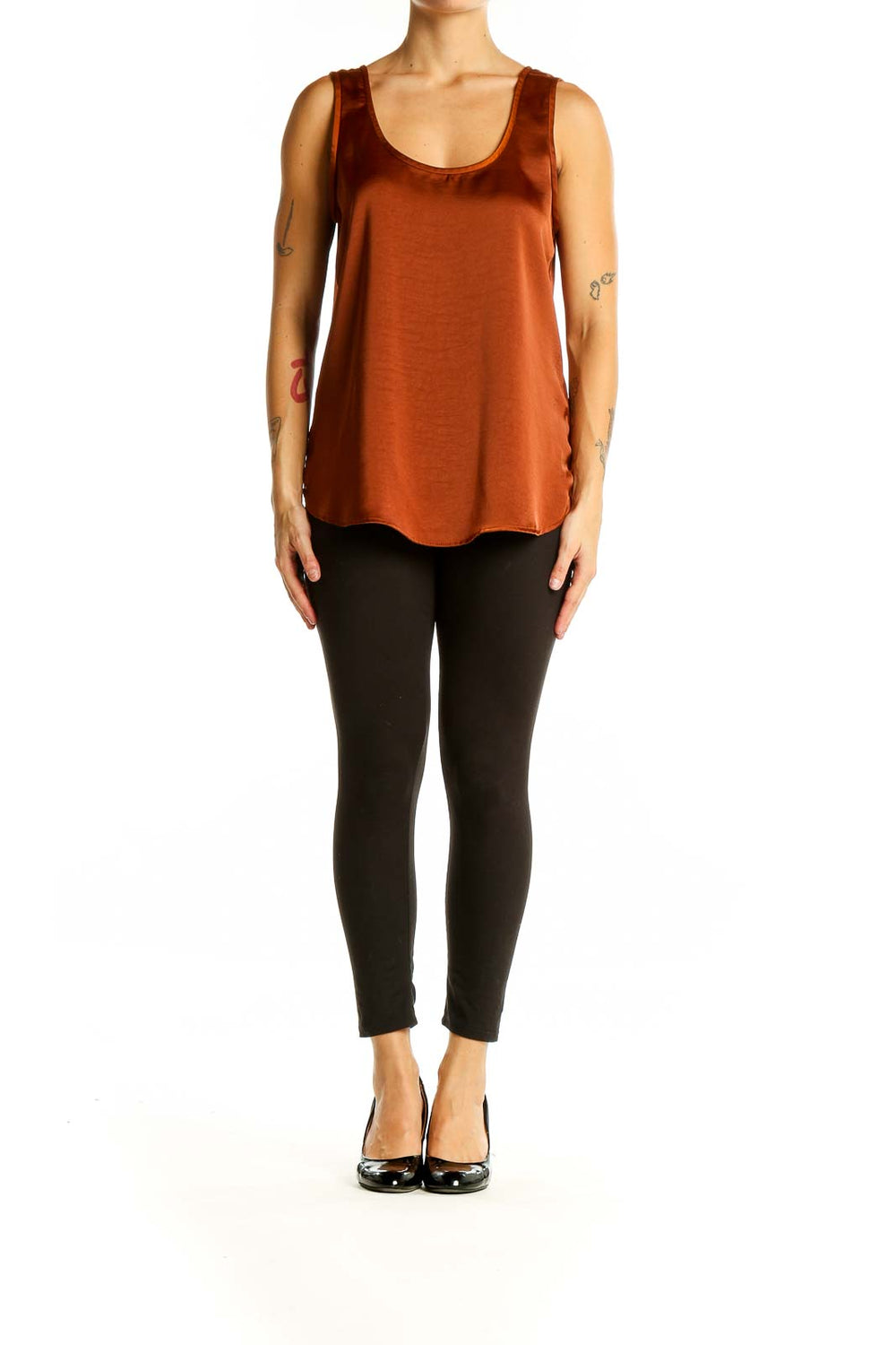 Front view of rust-colored Banana Republic sleeveless tank top