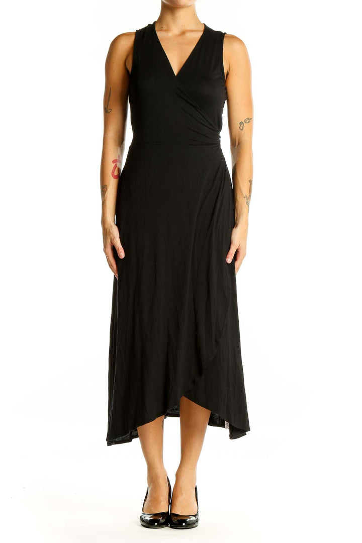 Front view of black Gap midi wrap dress with V-neckline