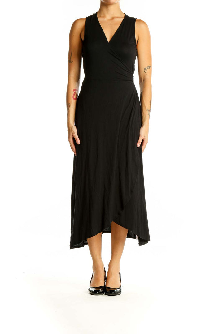 Front view of black Gap midi wrap dress with V-neckline