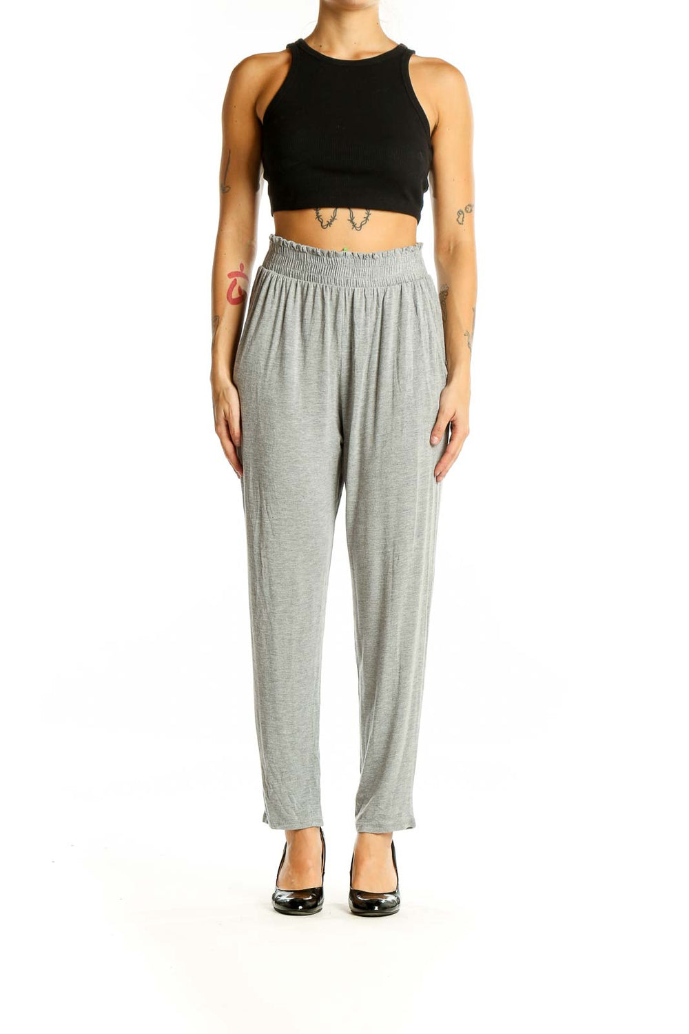 Front view of Carly Jeans Los Angeles gray relaxed fit pants with elastic waistband