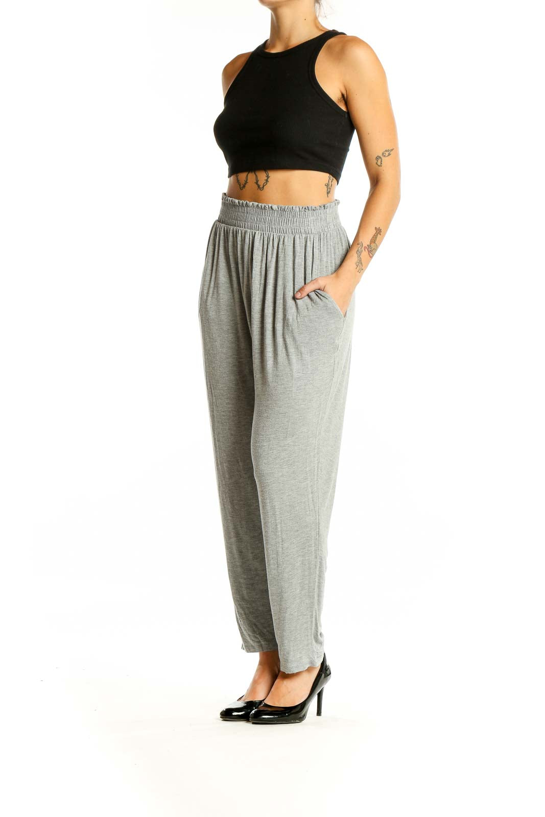 Front view of Carly Jeans Los Angeles gray relaxed fit pants with elastic waistband