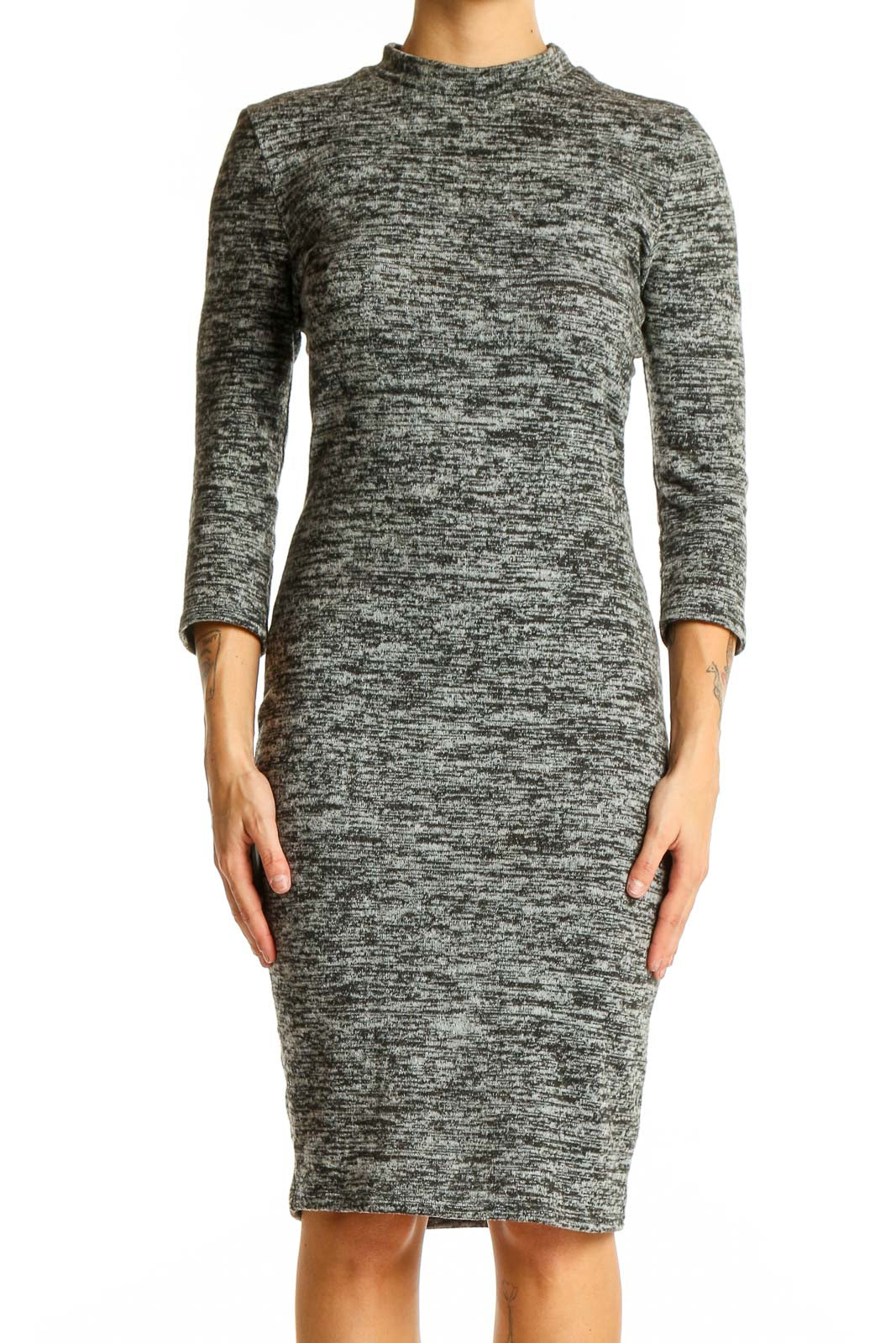 Front view of Lulus gray marled bodycon midi dress with mock neck