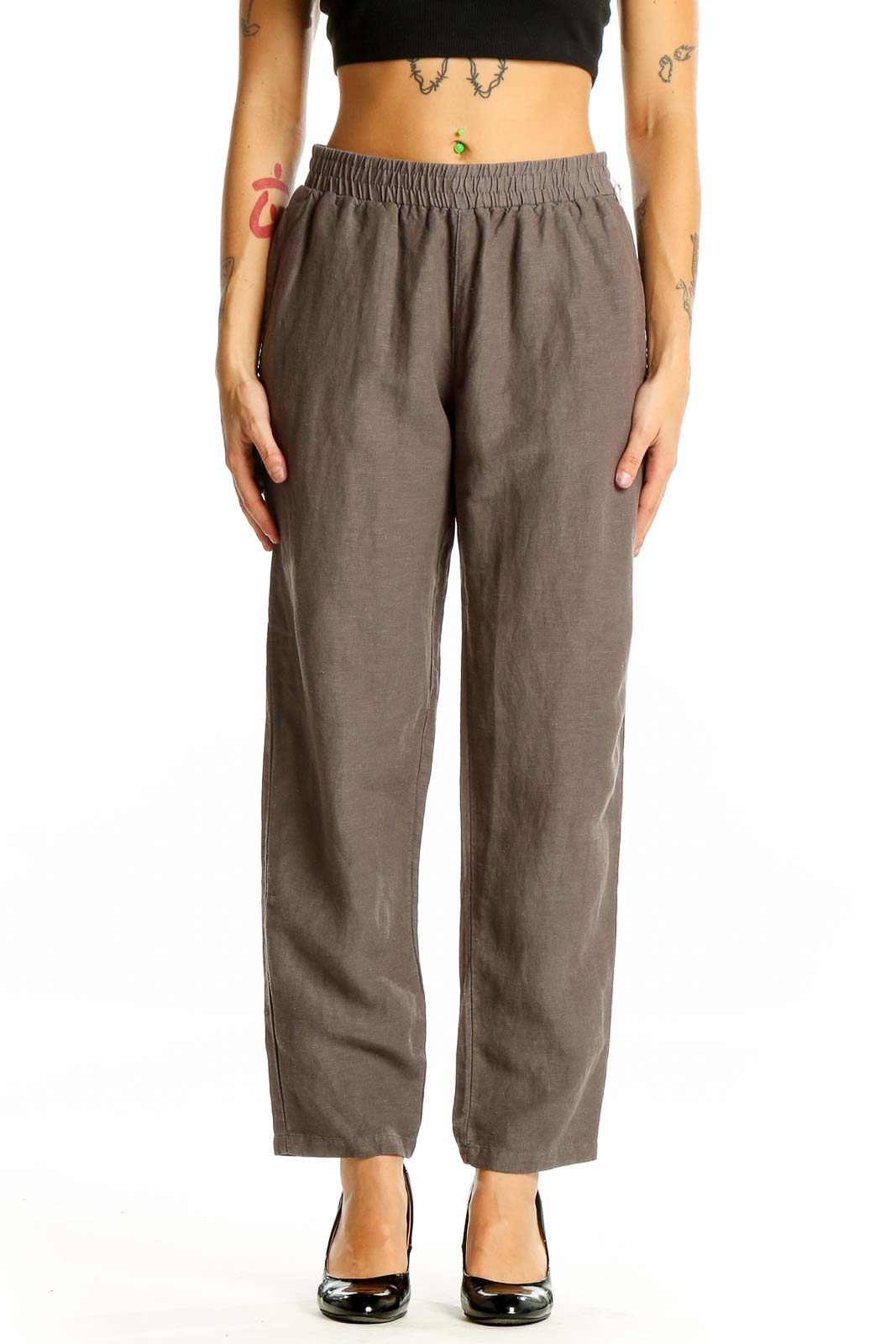 Front view of Simple Laguna brown relaxed fit pants with elastic waistband