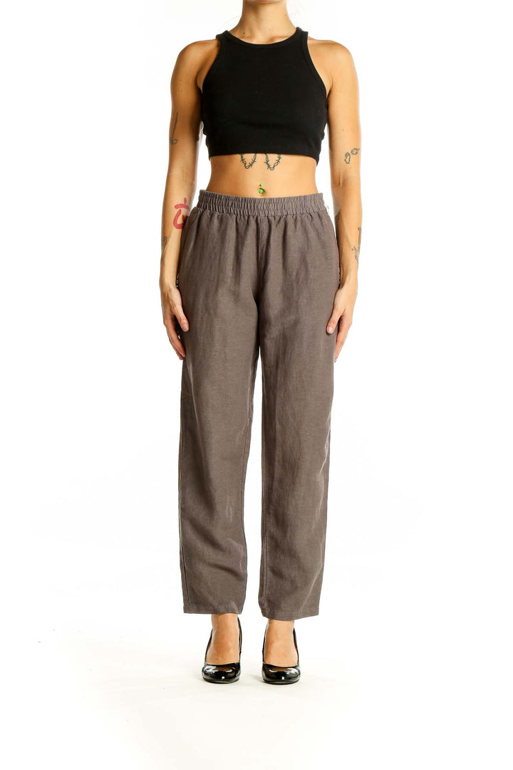 Front view of Simple Laguna brown relaxed fit pants with elastic waistband