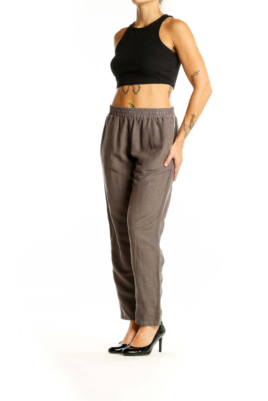 Front view of Simple Laguna brown relaxed fit pants with elastic waistband