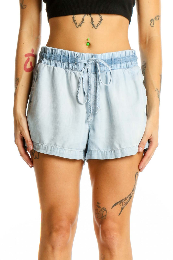 Front view of light blue Tencel Lyocell drawstring shorts by cloth & stone