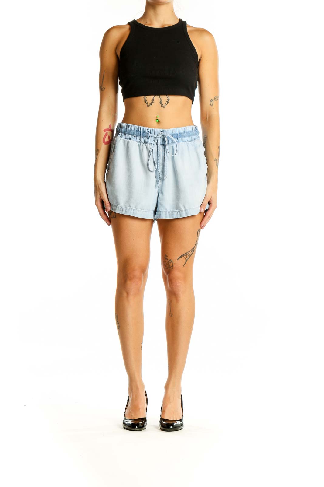 Front view of light blue Tencel Lyocell drawstring shorts by cloth & stone