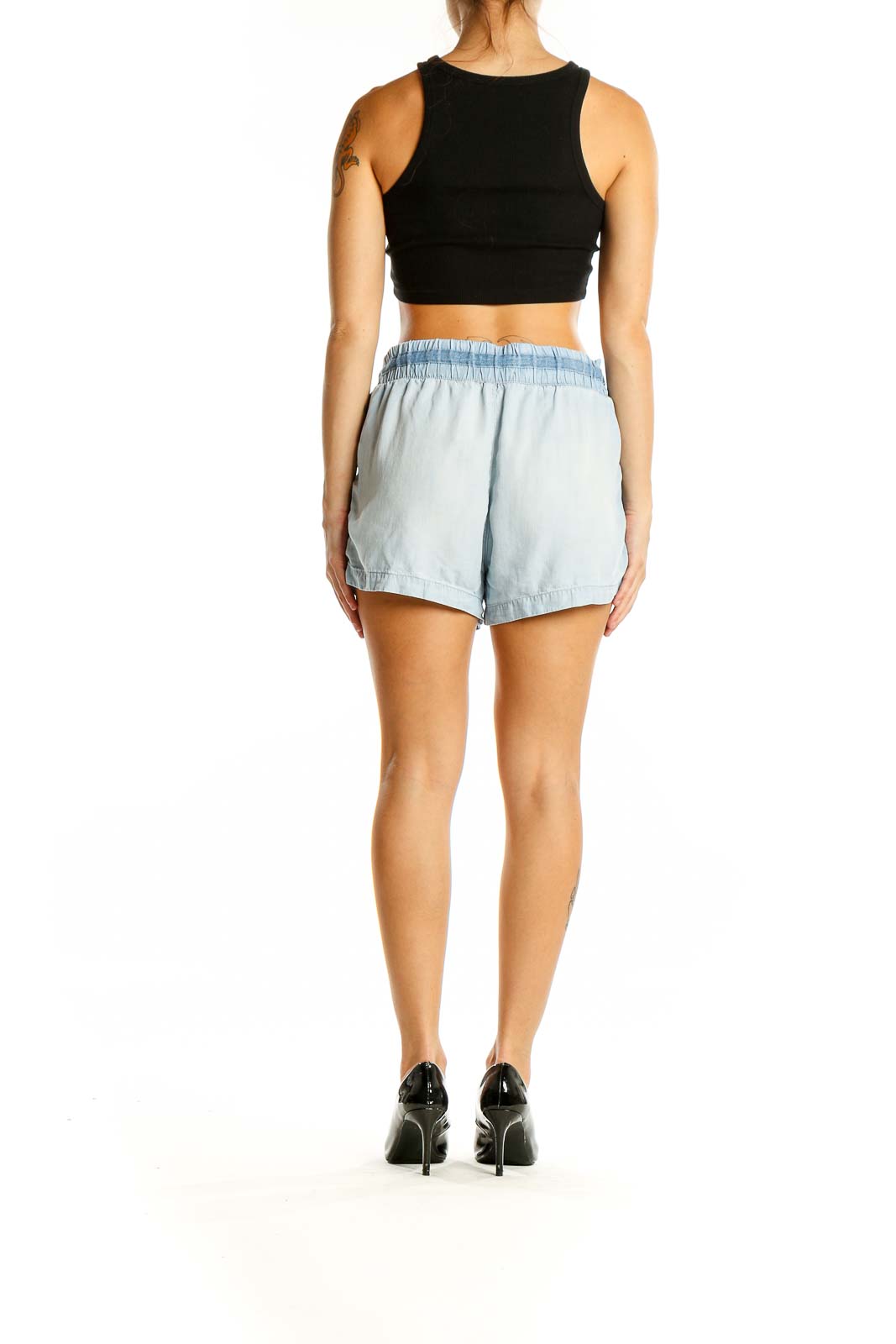 Back view of light blue Tencel Lyocell drawstring shorts by cloth & stone