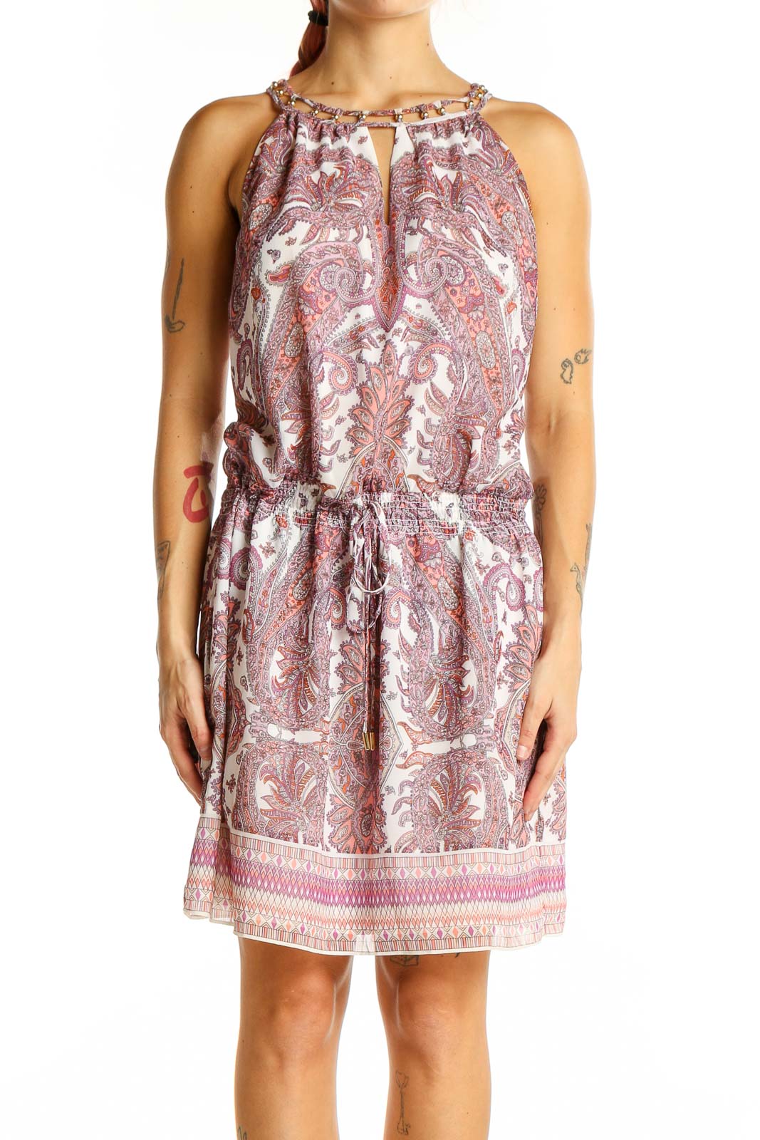 Front view of Pink Paisley Halter Neck Dress from White House Black Market