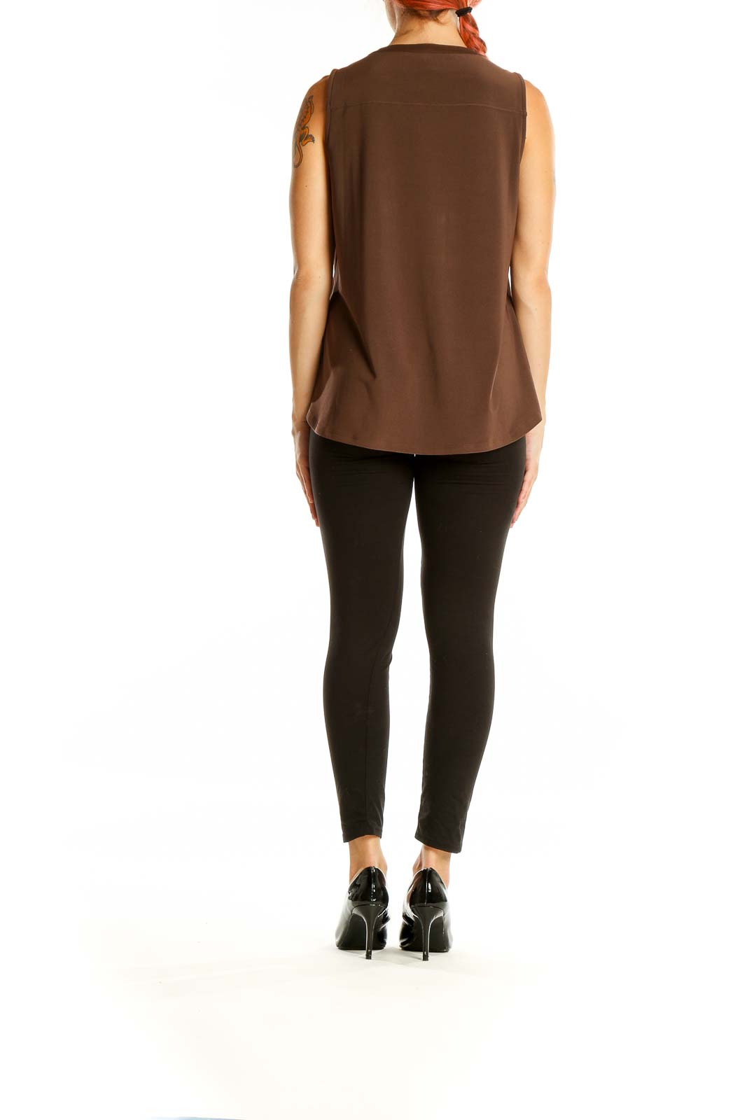 Back view of brown sleeveless blouse showing relaxed fit