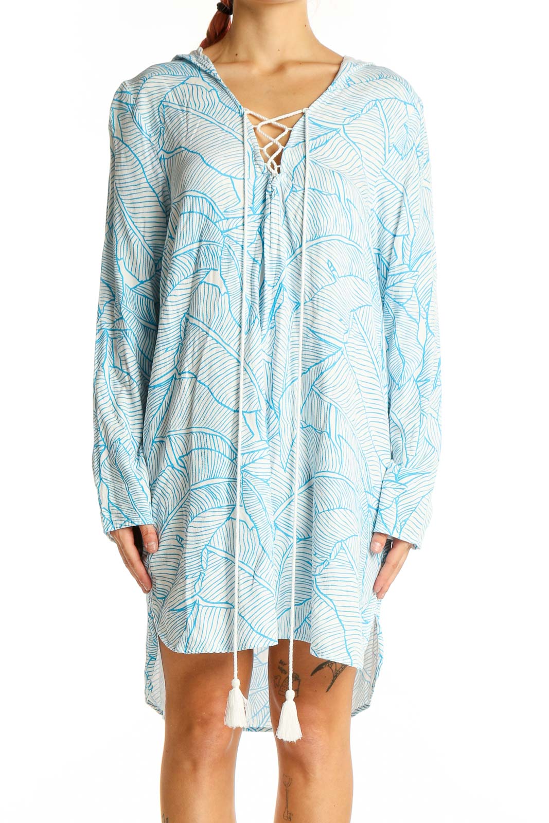 Front view of Charlie Holiday blue leaf print lace-up beach dress