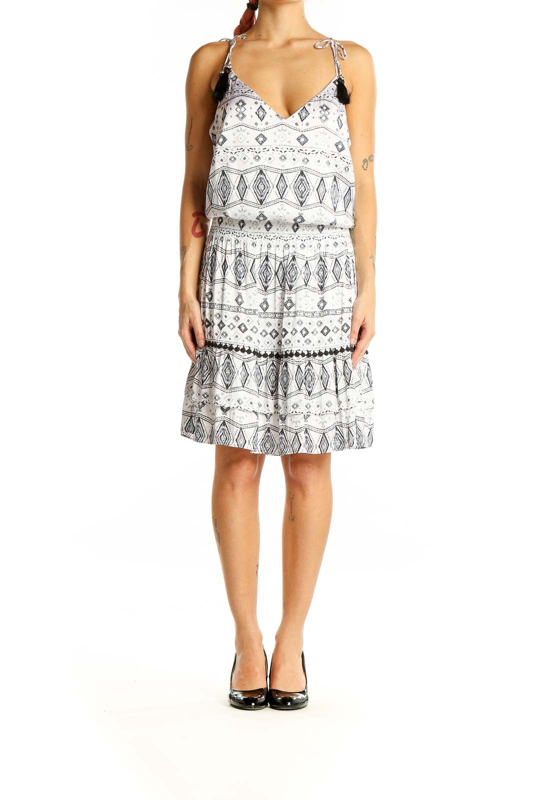 White Black Geometric Print Day Dress