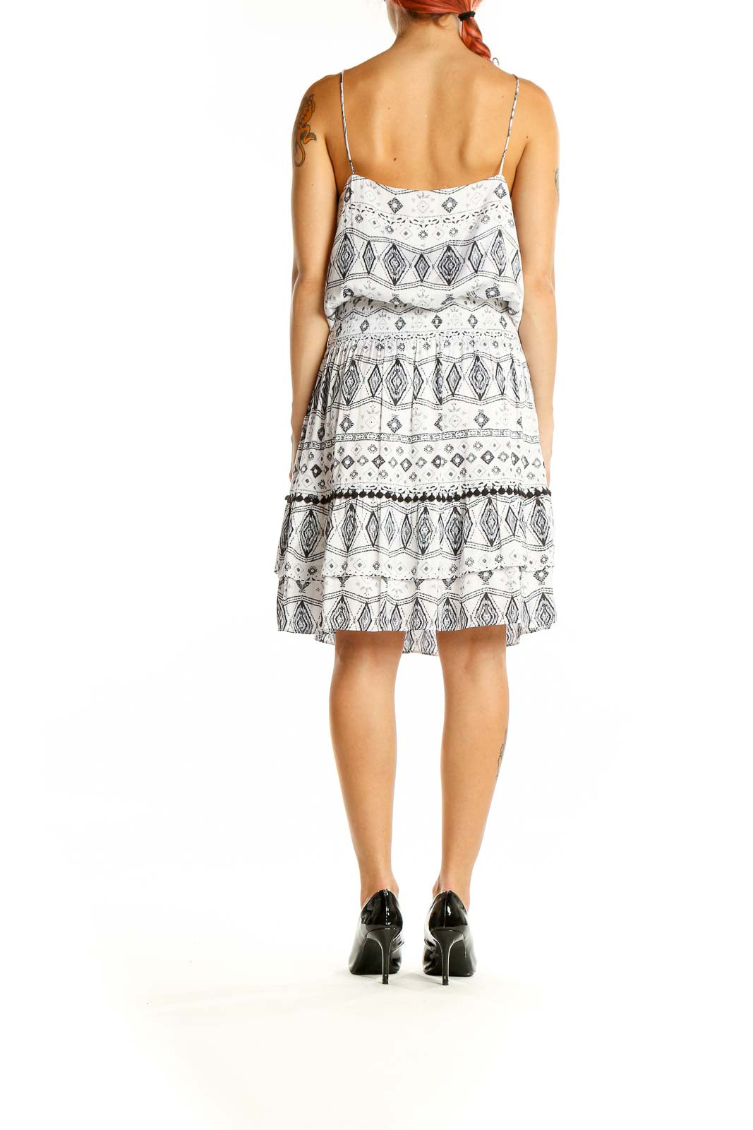 White Black Geometric Print Day Dress