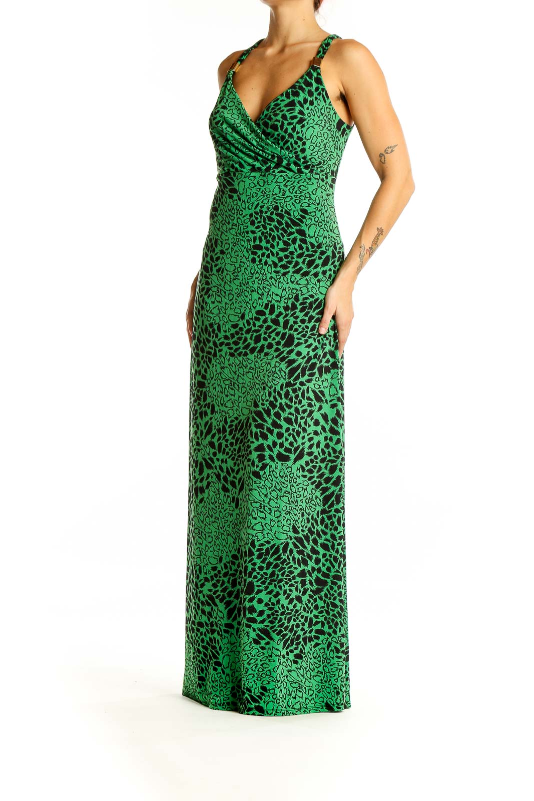 Green Black Cheetah Print Maxi Dress