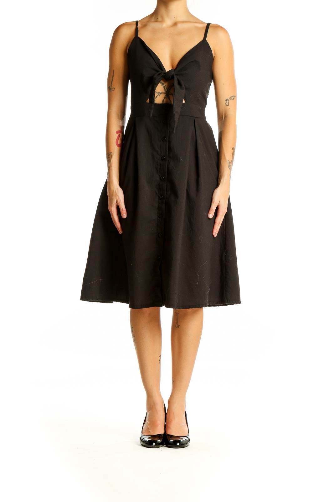 Wish Black Tie-Front Midi Dress - Versatile and Stylish SilkRoll Wish Black Tie-Front Midi Dress - Versatile and Stylish SilkRoll