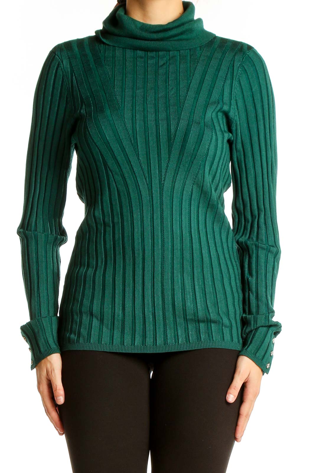 Front view of green ribbed turtleneck sweater from White House Black Market