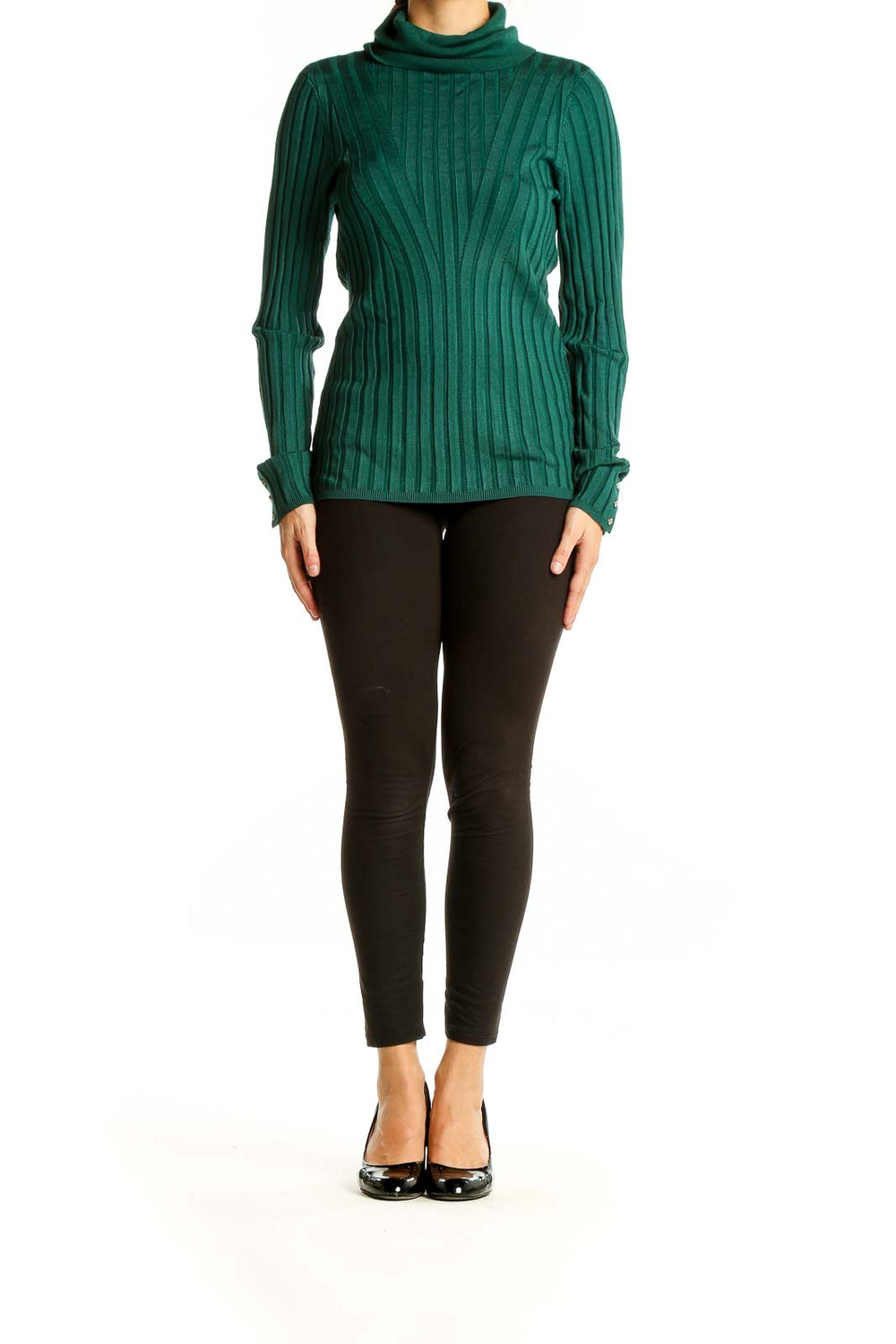 Front view of green ribbed turtleneck sweater from White House Black Market