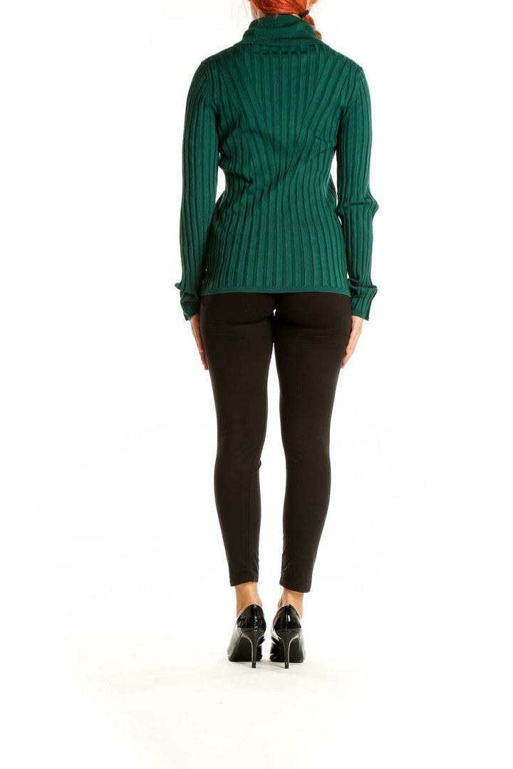 Back view of green ribbed turtleneck sweater from White House Black Market