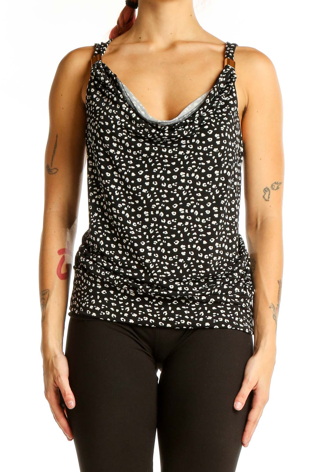 Front view of Black Spotted Sleeveless Cowl Neck Top from White House Black Market