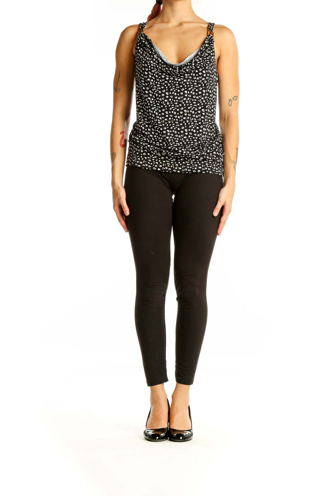 Front view of Black Spotted Sleeveless Cowl Neck Top from White House Black Market