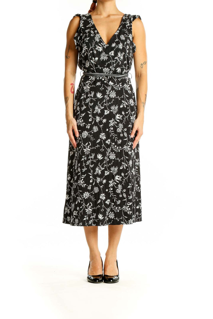 Black White Floral Wrap Dress