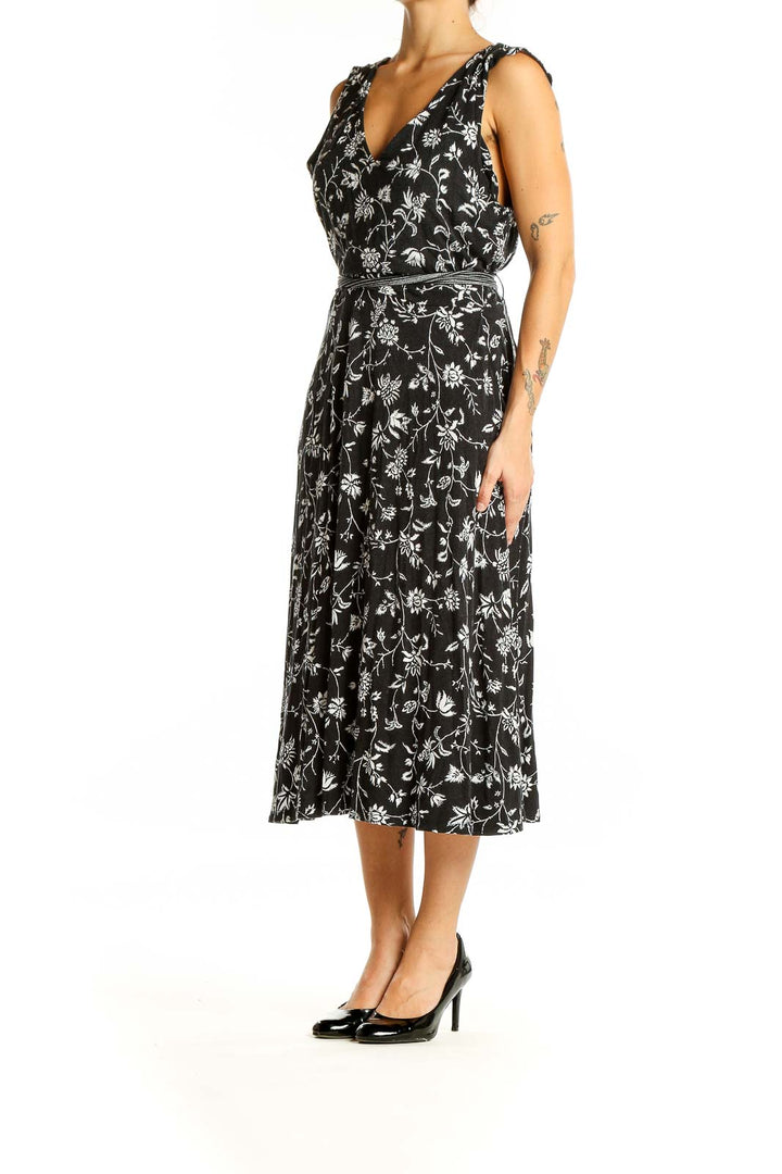 Black White Floral Wrap Dress