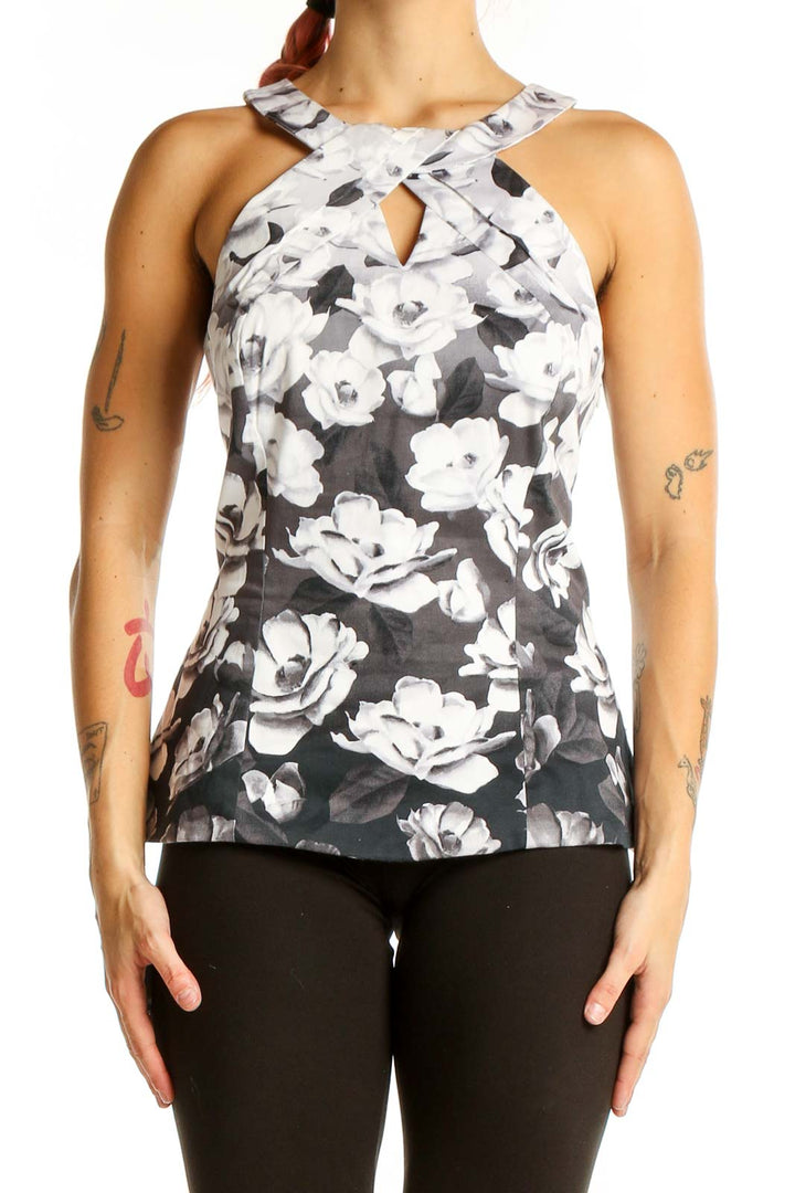 White Black Floral Print Halter Top