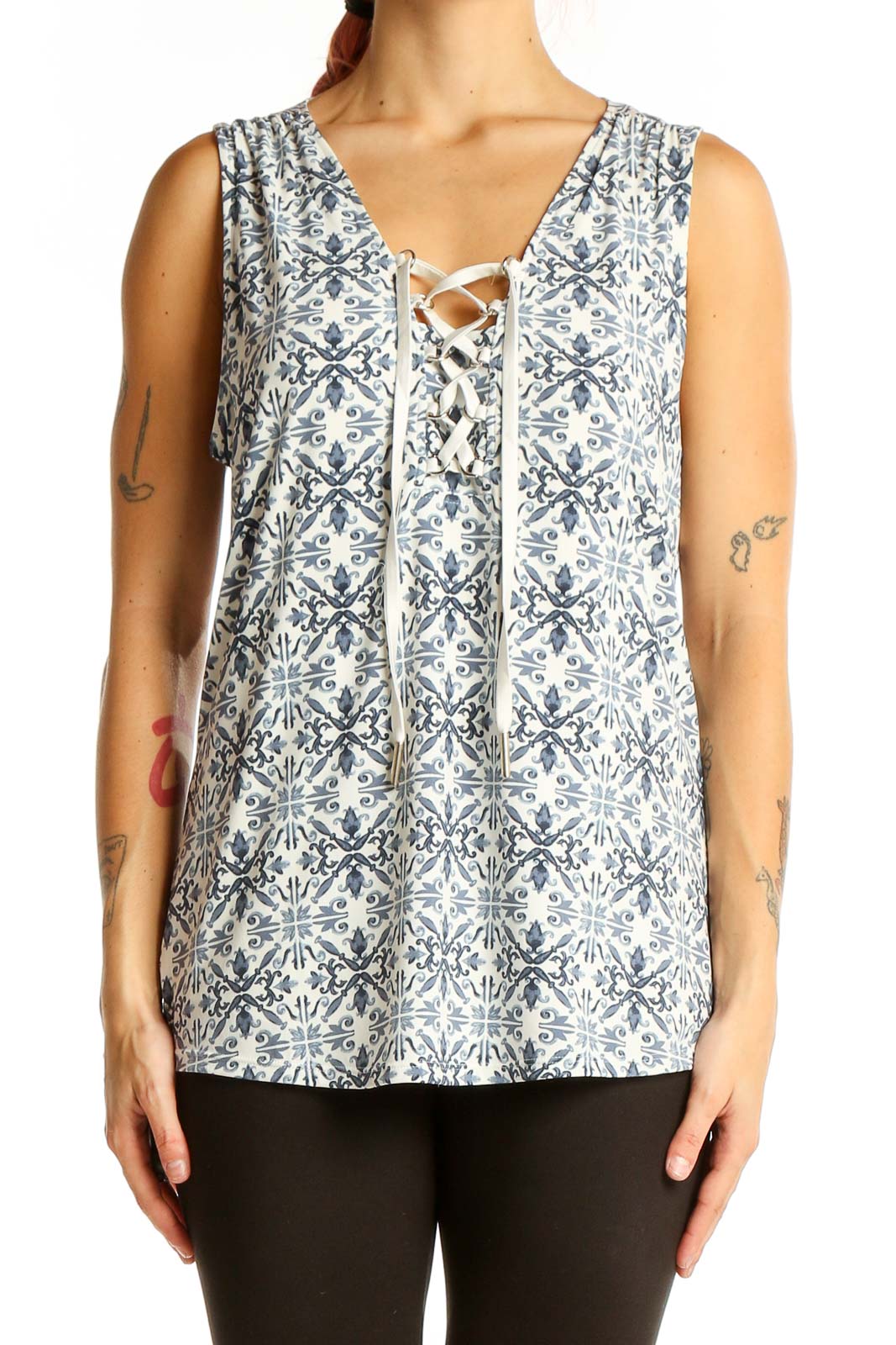 White Blue Bohemian Print Blouse