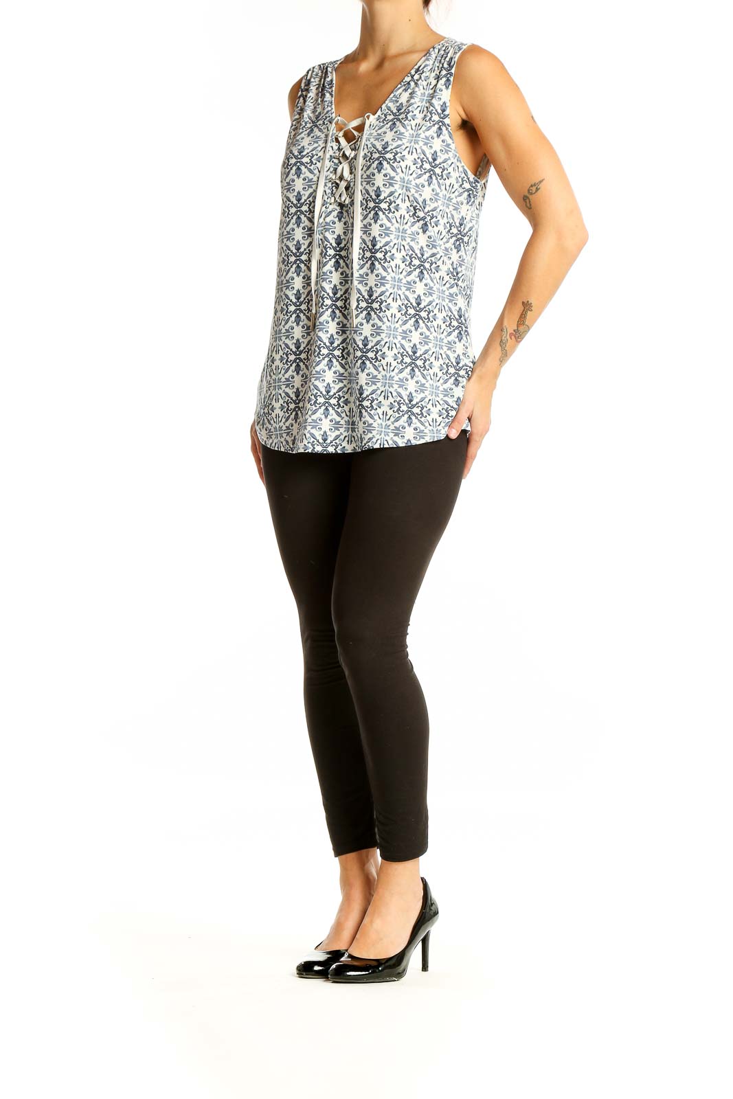 White Blue Bohemian Print Blouse