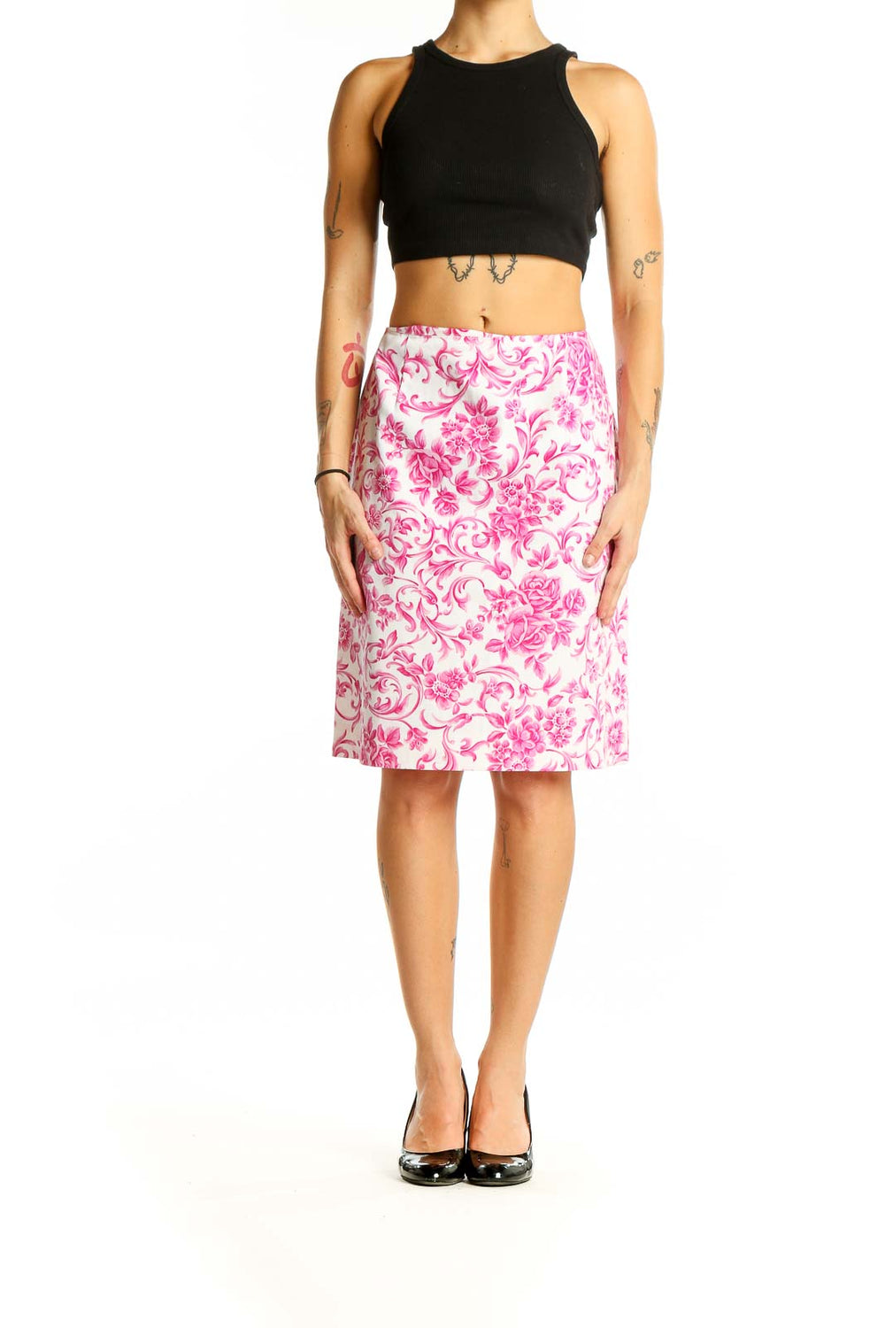 Pink White Floral Pencil Skirt