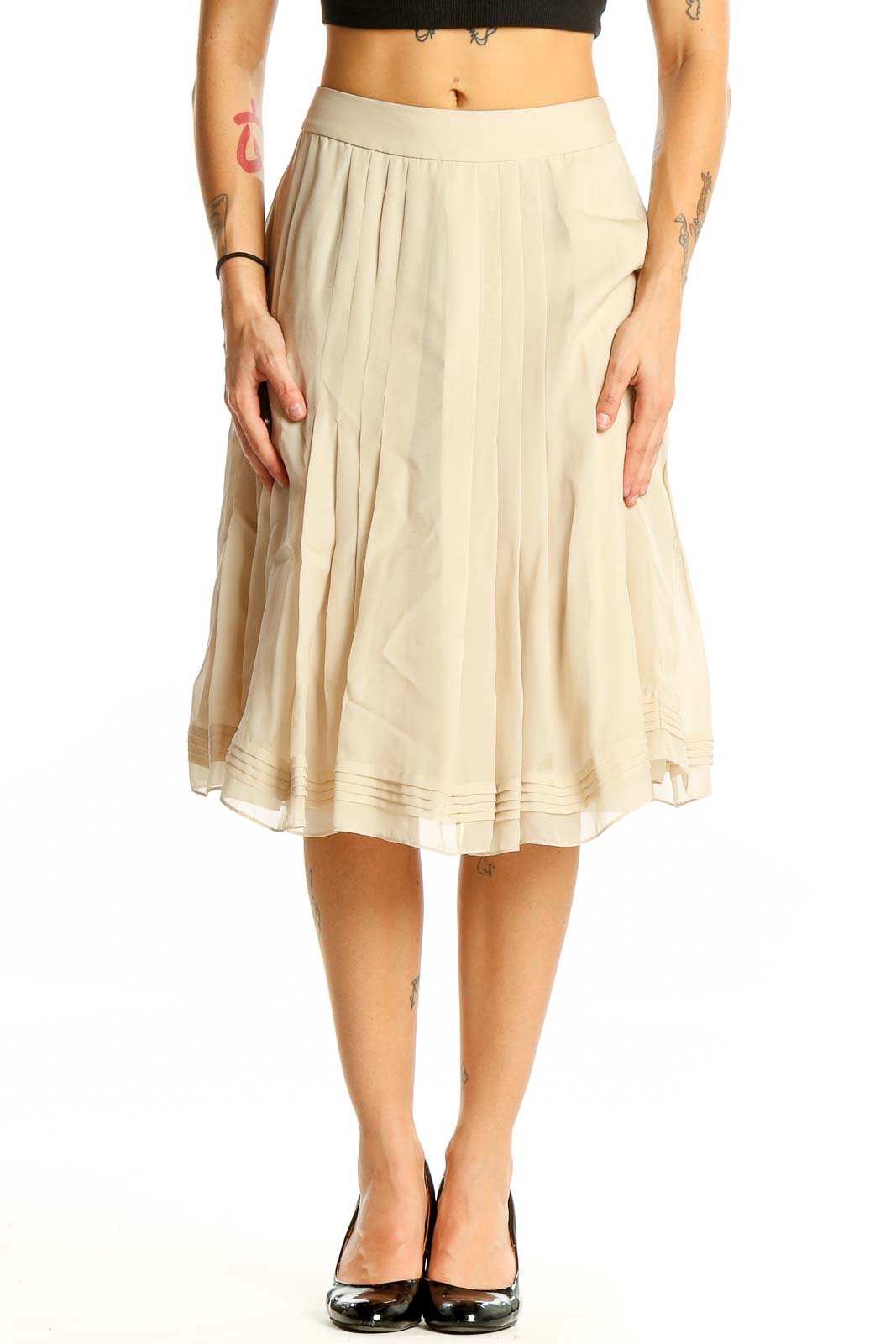 Beige Silk Pleated Skirt