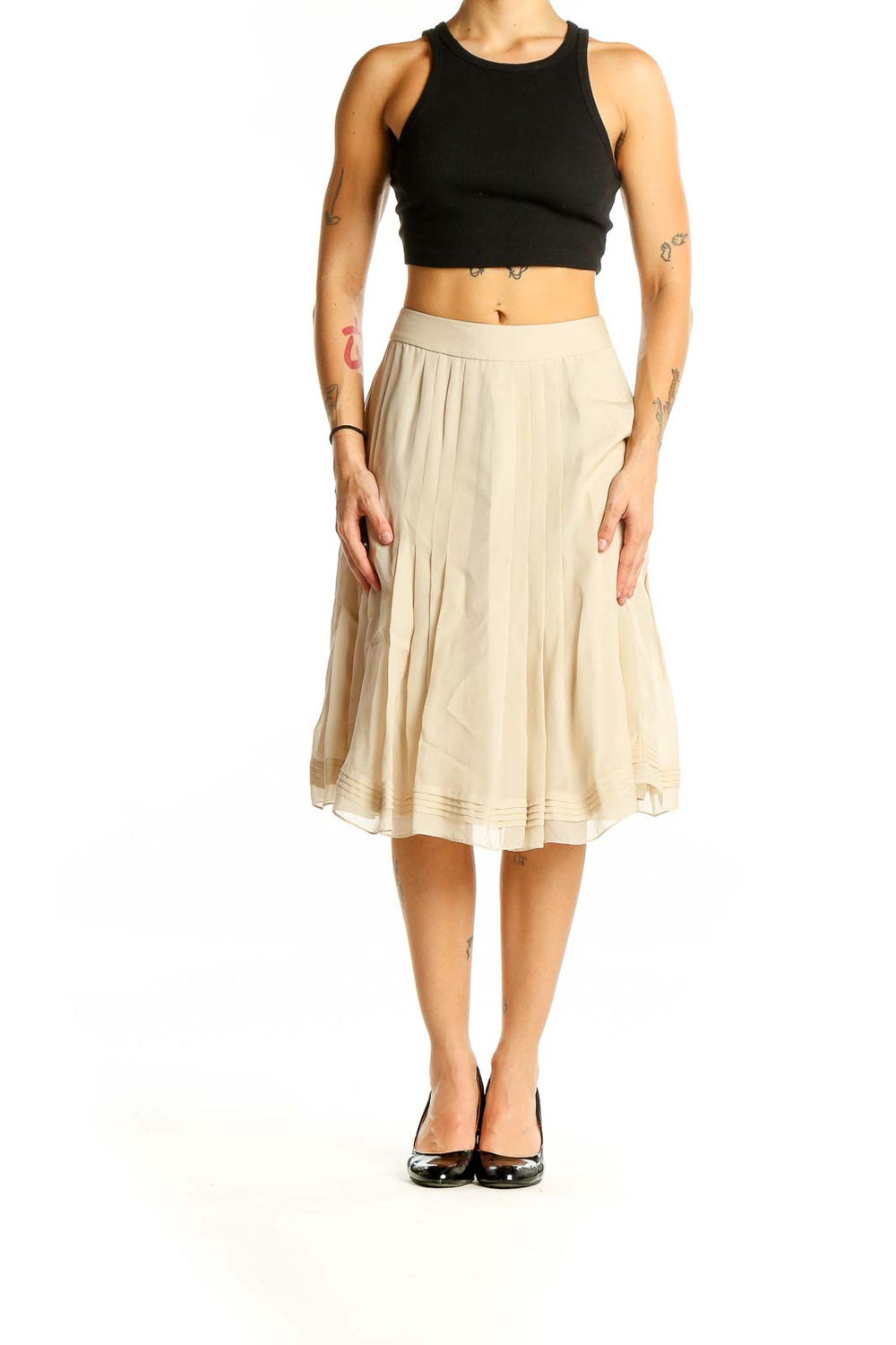 Beige Silk Pleated Skirt