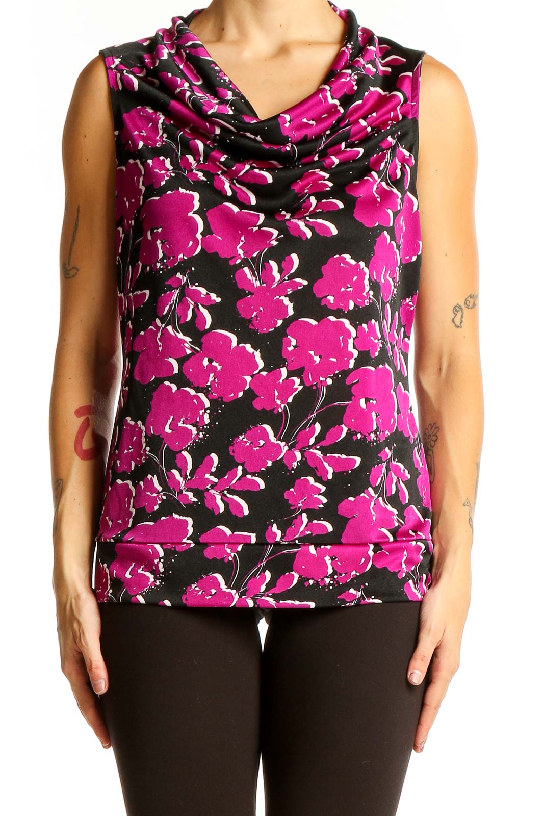 Front view of Alfani Pink Floral Sleeveless Cowl Neck Top