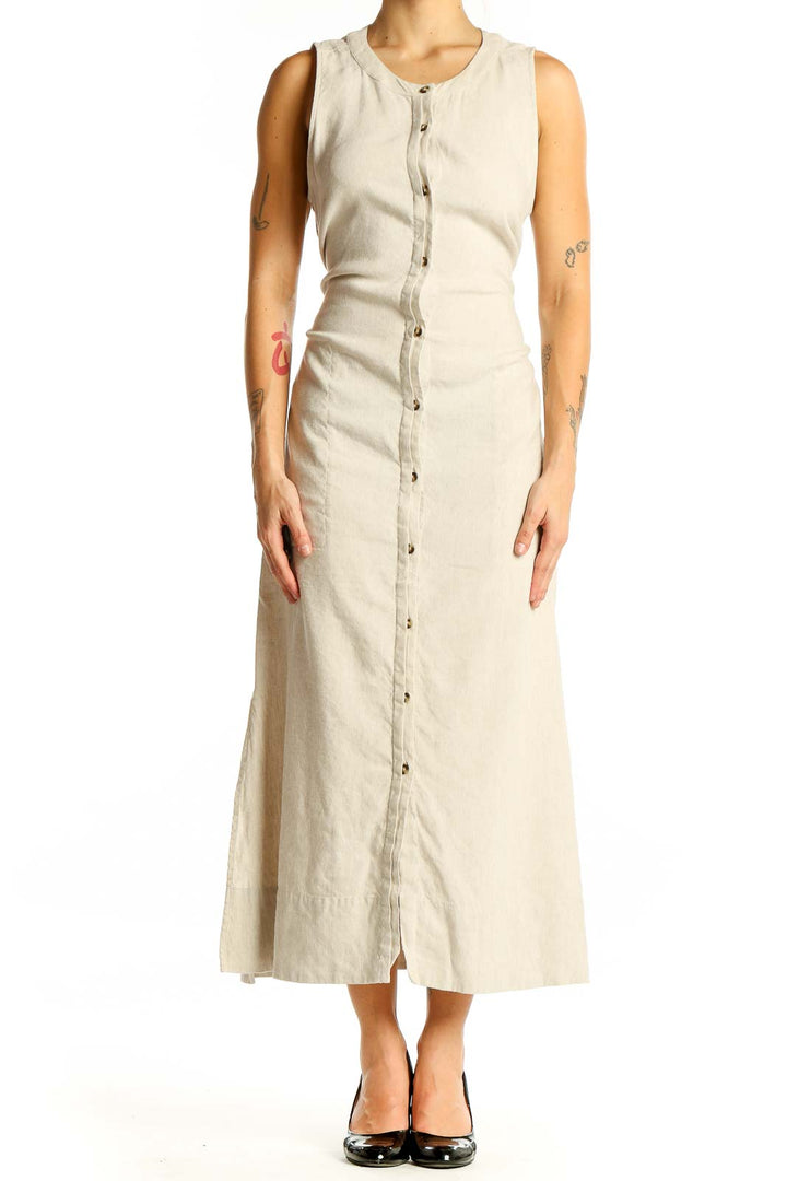 Beige Button Detail Linen Maxi Dress