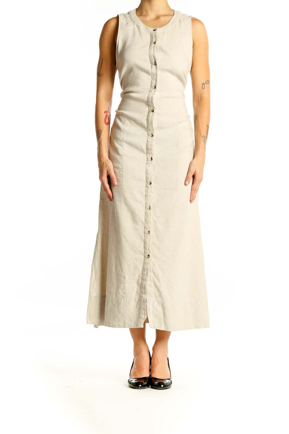 Beige Button Detail Linen Maxi Dress