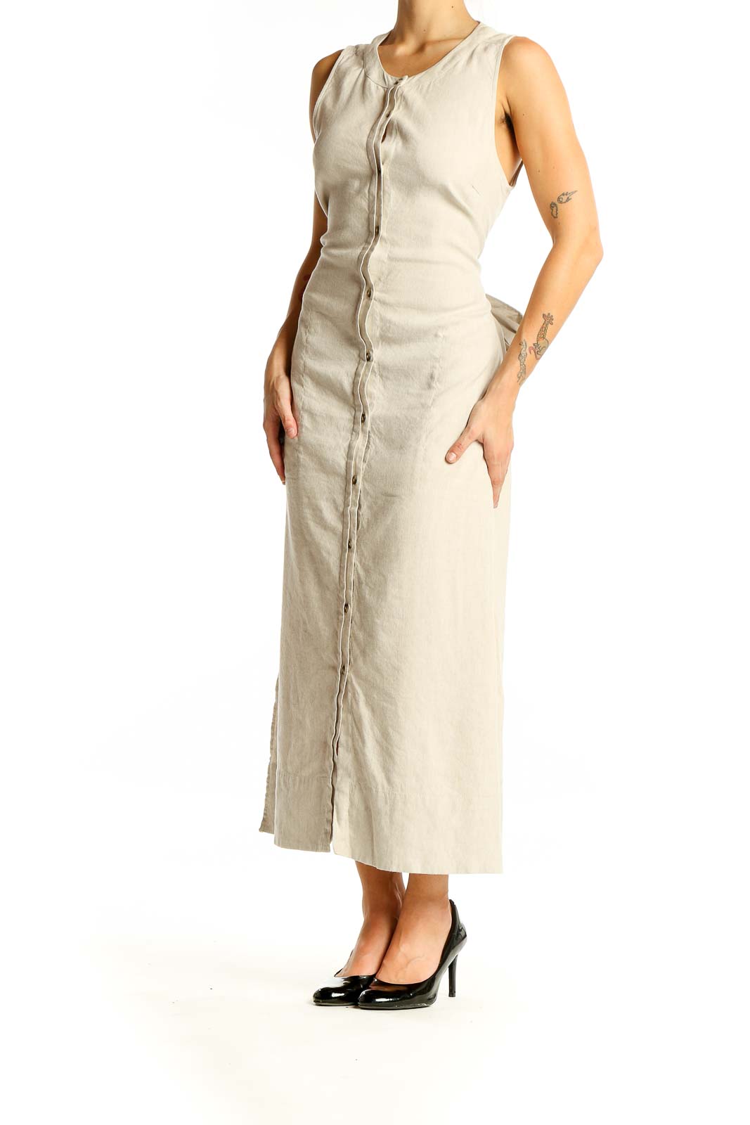 Beige Button Detail Linen Maxi Dress