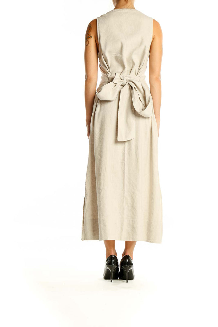 Beige Button Detail Linen Maxi Dress