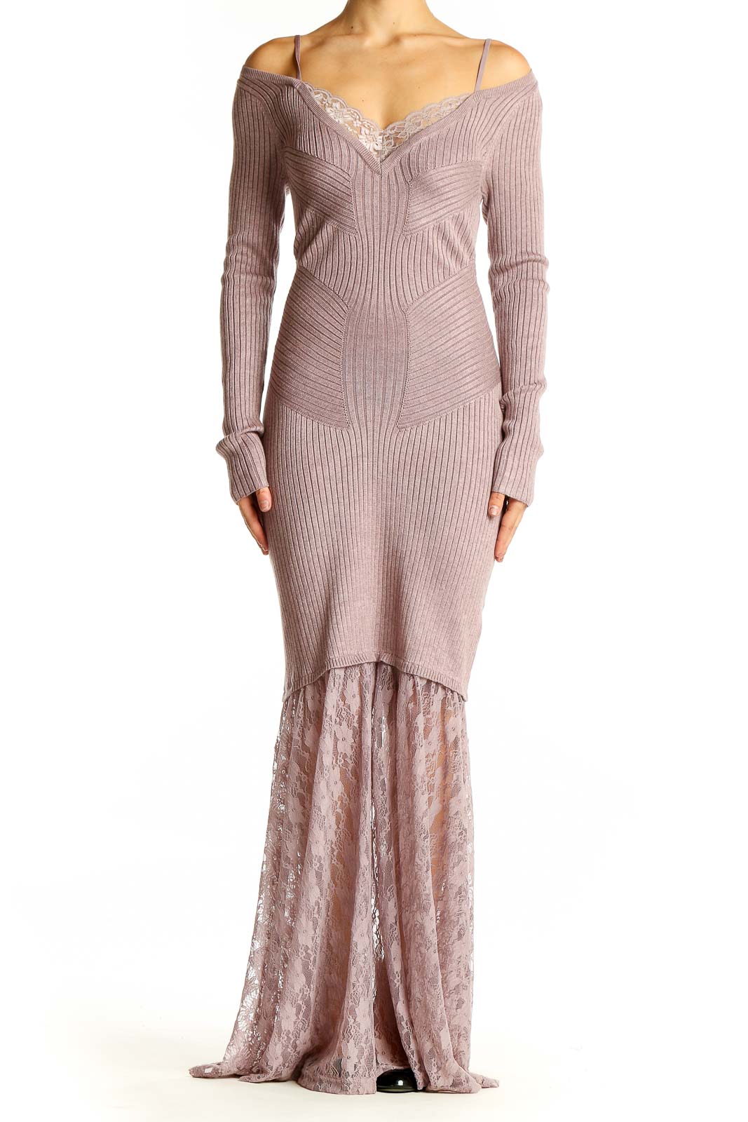 Front view of Anthropologie blush ribbed off-shoulder maxi dress with lace mermaid skirt