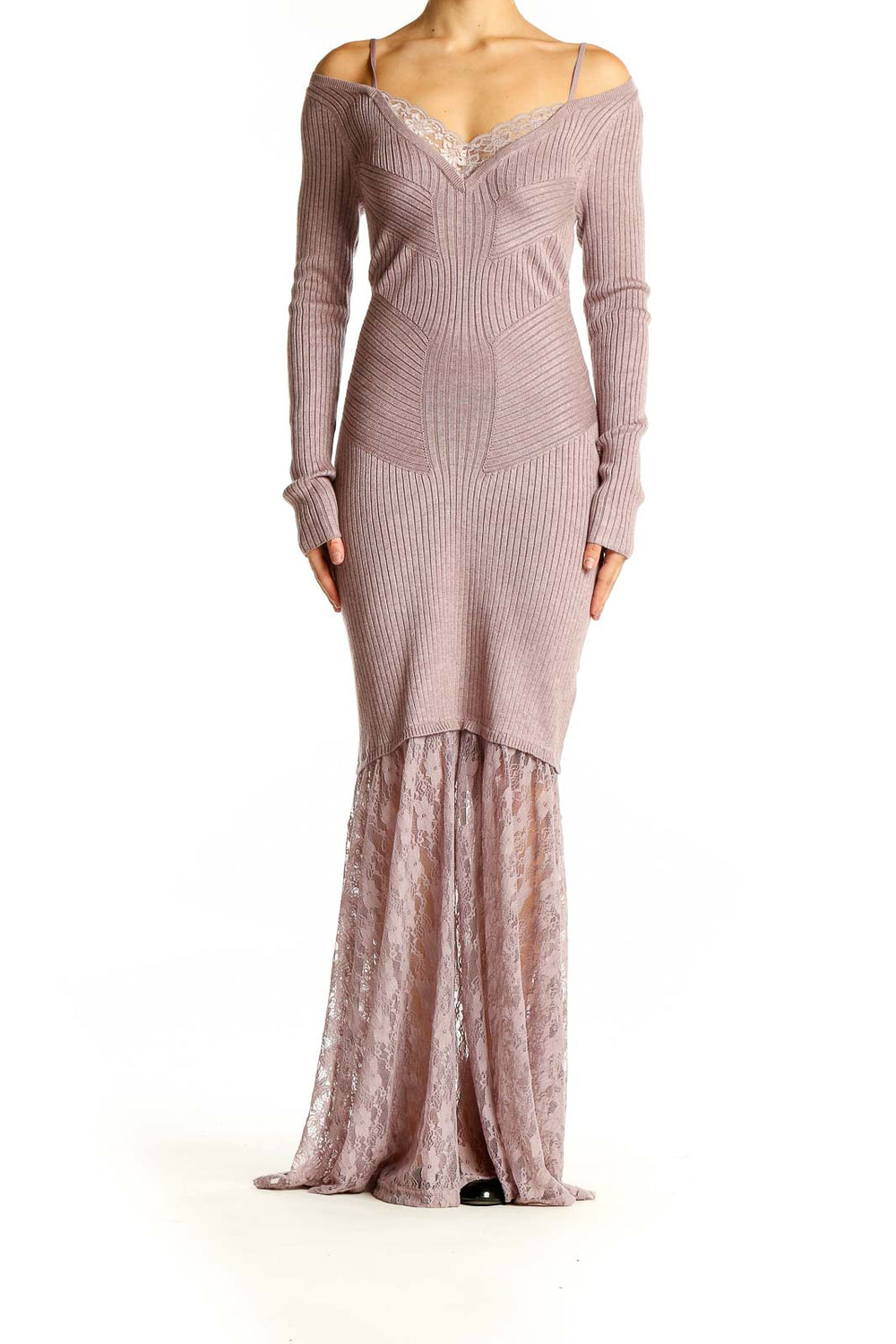 Front view of Anthropologie blush ribbed off-shoulder maxi dress with lace mermaid skirt